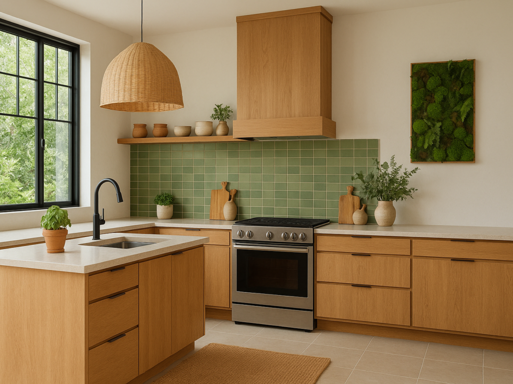 An eco-friendly kitchen with sustainable materials, energy-efficient appliances, and natural lighting