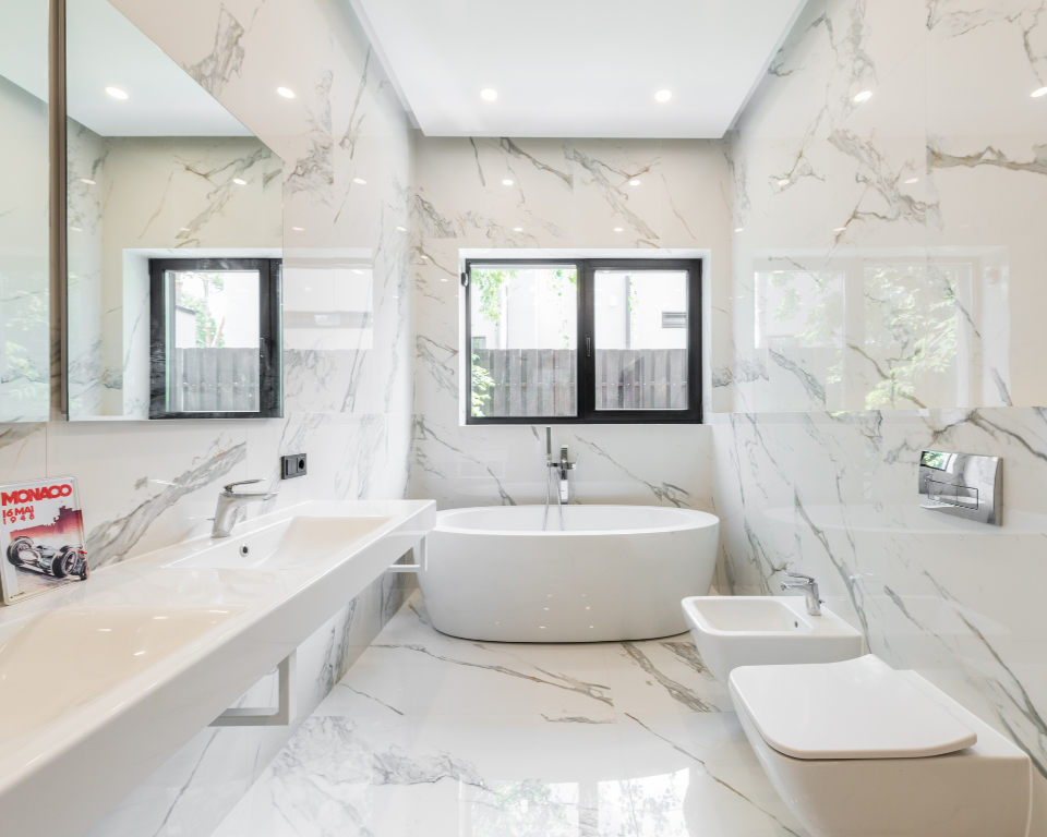 durable porcelain tiles installed on a modern bathroom floor