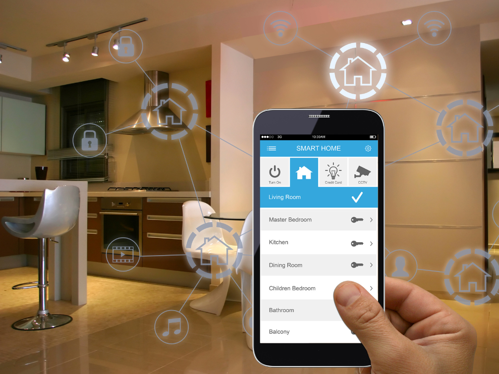 A smart kitchen with integrated appliances, touch-screen controls, and modern lighting technology