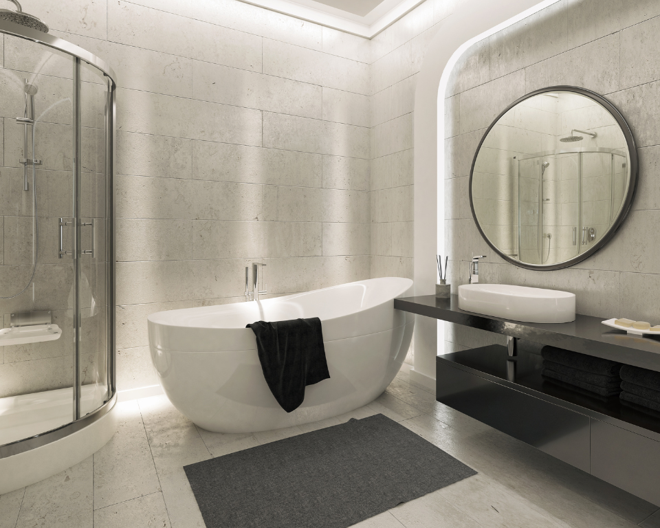 tranquil bathroom with floating vanity, soft lighting, and neutral spa-inspired finishes