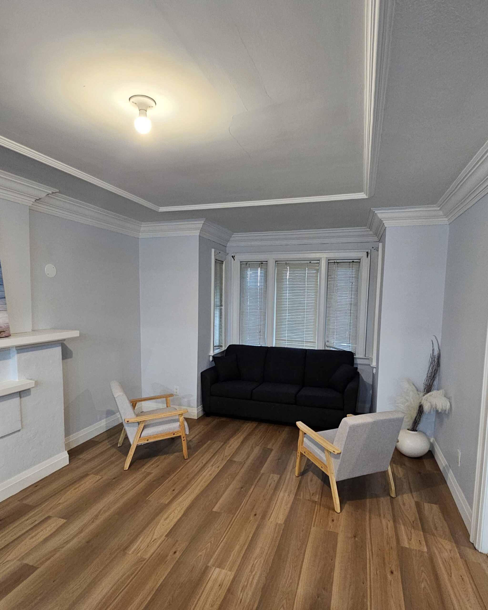 Renovated living area with open-concept design, modern flooring, and updated lighting fixtures