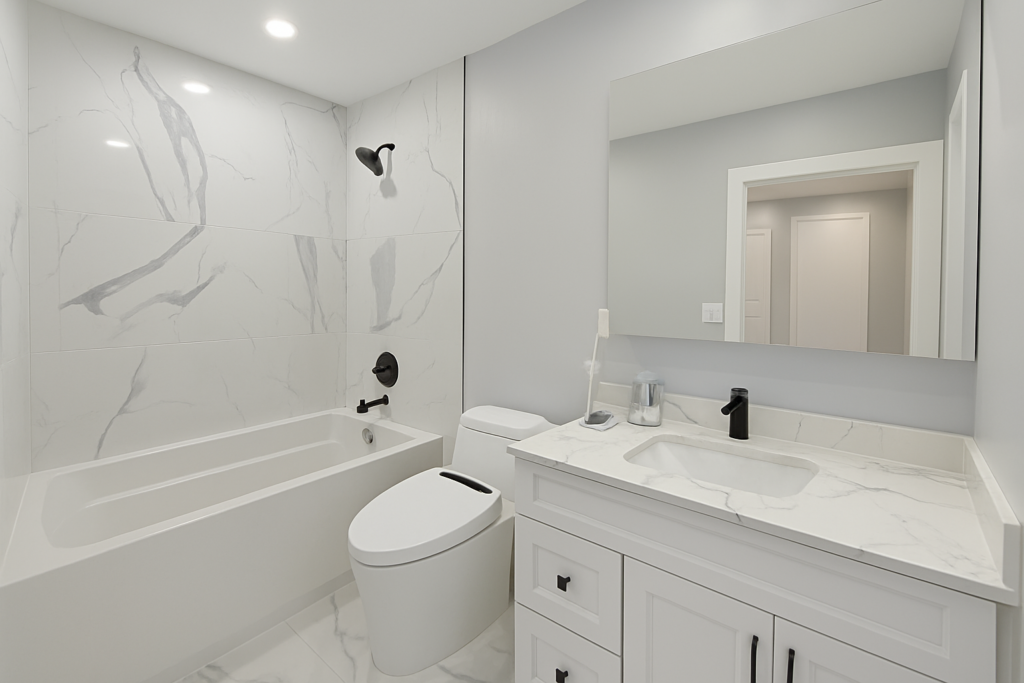 Typical bathroom layout in Midtown Toronto showing bath tub, toilet, and vanity in one row, renovated by Olive Contractors