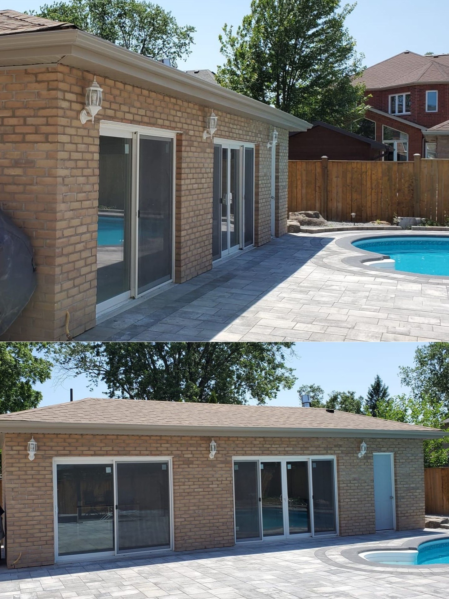 Completed custom cabana house in Central Ajax built by Olive Contractors, featuring modern exterior design and finished entertainment space.