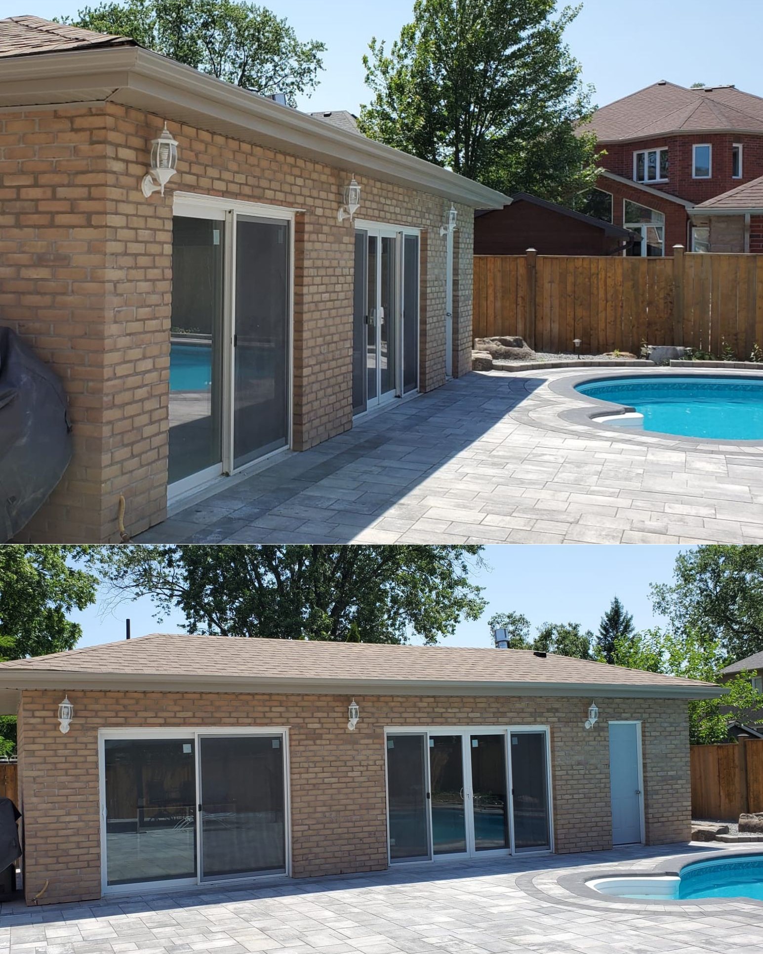 Completed custom cabana house in Central Ajax built by Olive Contractors, featuring modern exterior design and finished entertainment space.