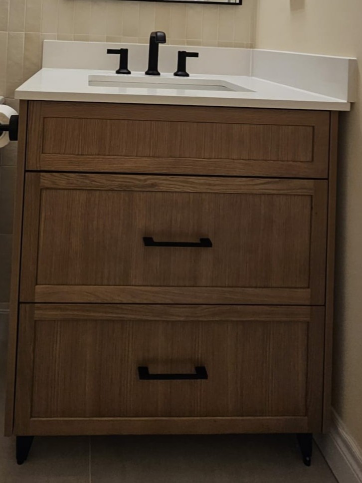 Modern Vanity with Warm Wood and Matte Black Hardware