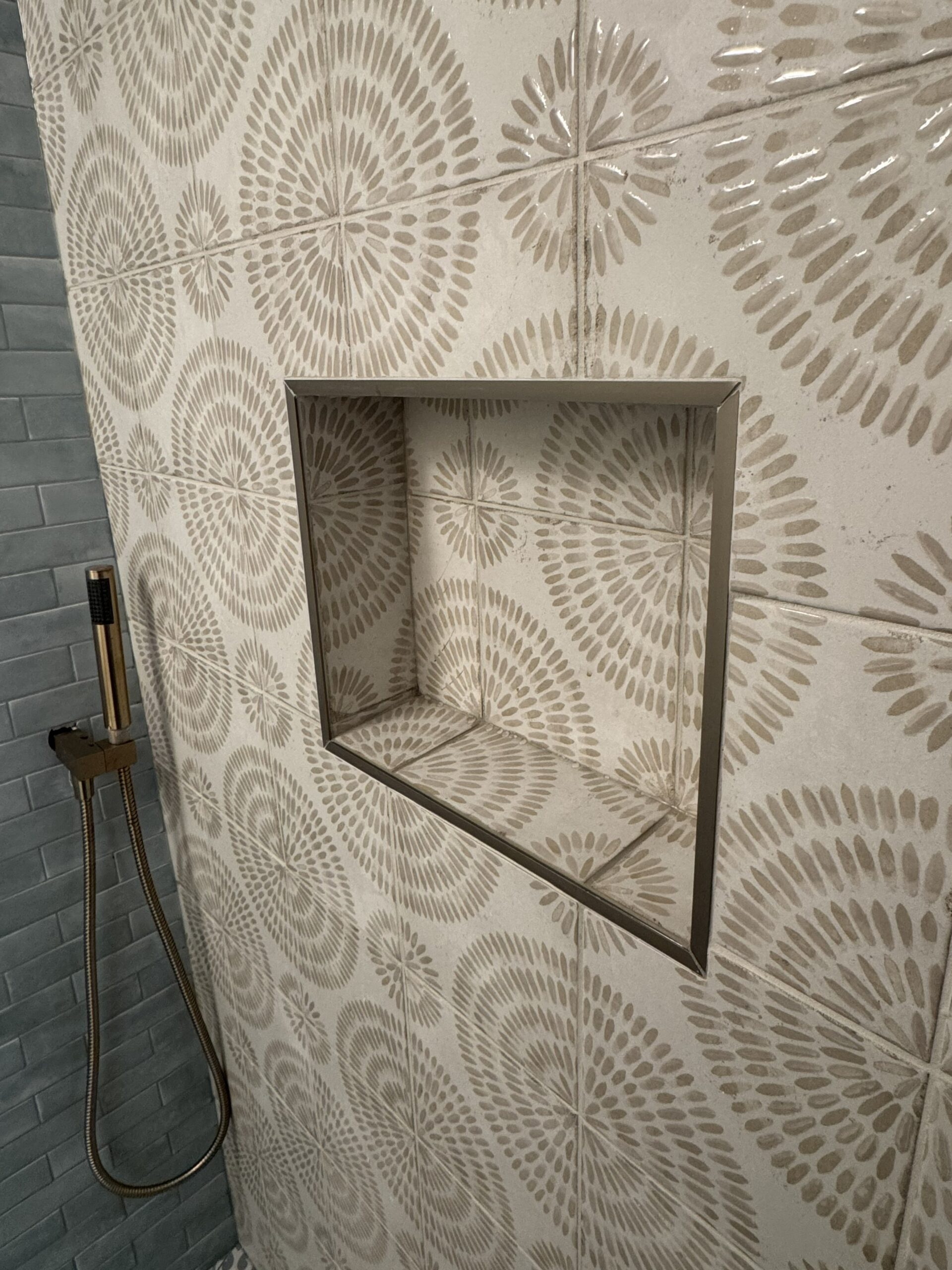 shower-niche-botanical-tile-brushed-stainless-trim-toronto