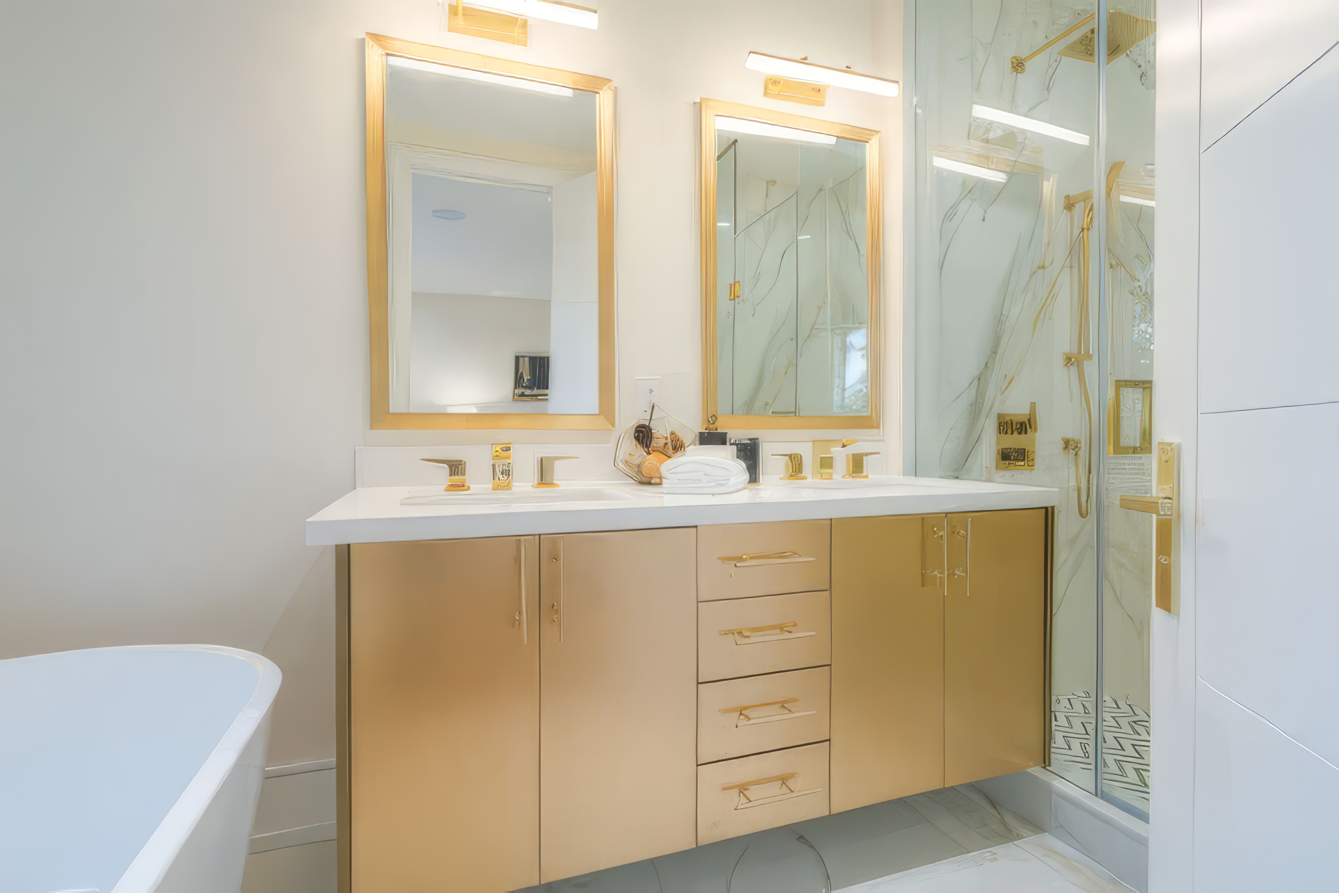 Luxury bathroom renovation by Olive Contractors — gold vanity and glass shower, Toronto & GTA