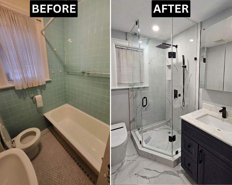 Before and after bathroom renovation with full layout change — Toronto