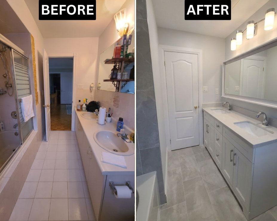 Before and after full bathroom renovation with no layout change — Toronto